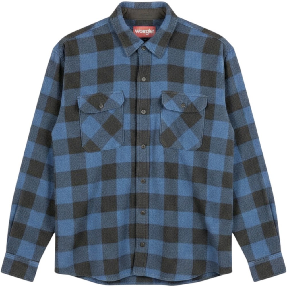 Wrangler Fleece Shirt Mens 2XL Blue Black Excellent Buffalo Plaid Button Down